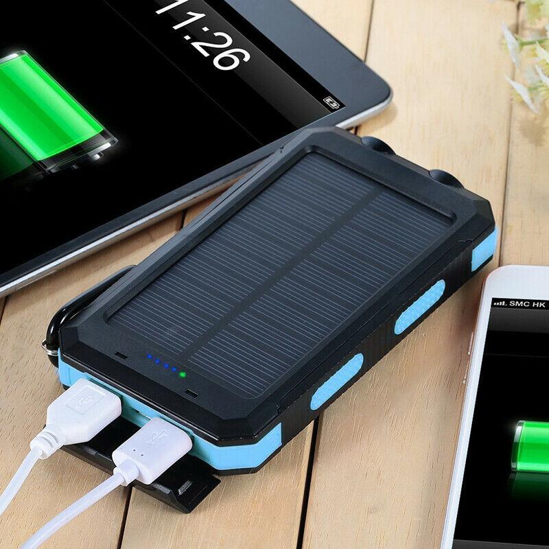 Rugged 20000mAh waterproof solar power bank. Durable external charger for travel, hiking & outdoor adventures.