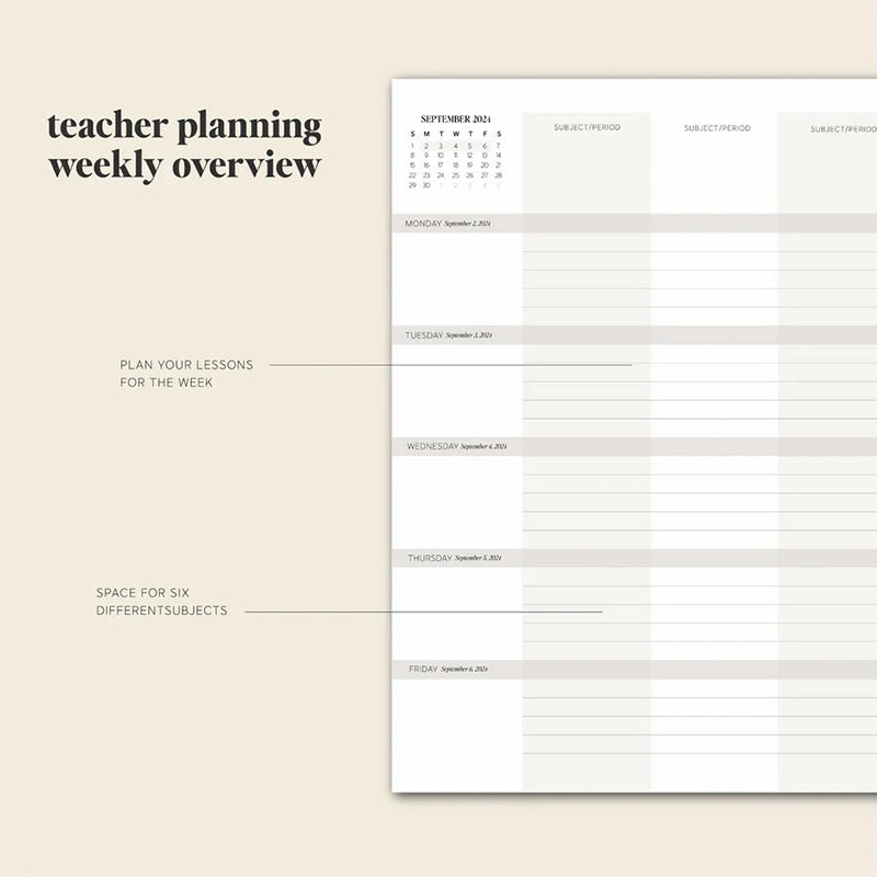 Colorful tabs indexing sections of the 2024-2025 comprehensive teacher planner.