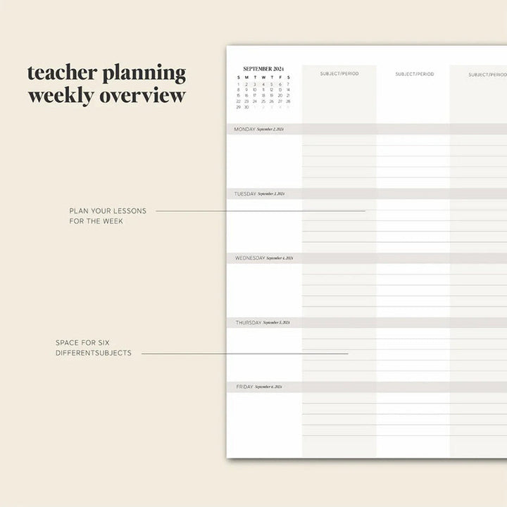 Colorful tabs indexing sections of the 2024-2025 comprehensive teacher planner.