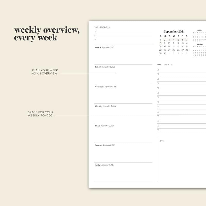 Detailed view of a daily schedule section in the 2024-2025 comprehensive planner.