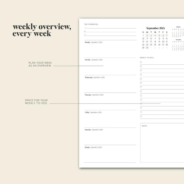 Detailed view of a daily schedule section in the 2024-2025 comprehensive planner.