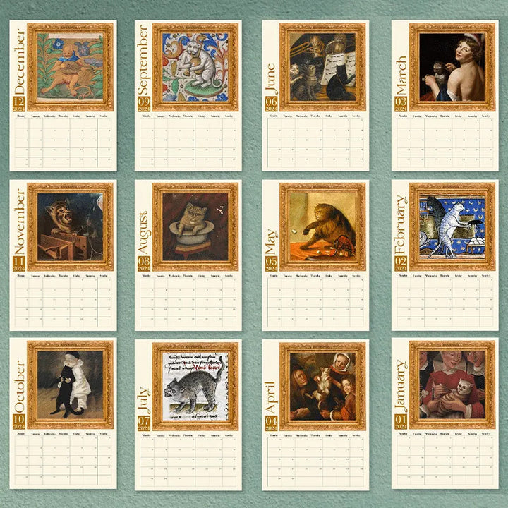 2024 wall calendar featuring humorous medieval cat art, perfect for cat lovers & quirky desk decor.