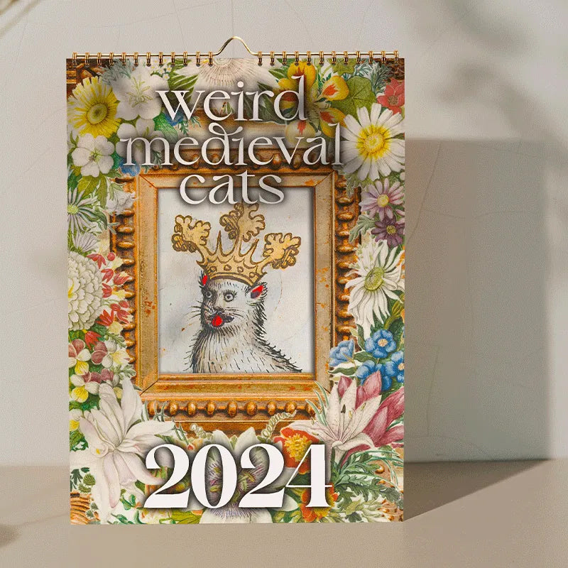 Unique 2024 calendar, 'Medieval Cat Art' design, a perfect blend of history and feline charm.