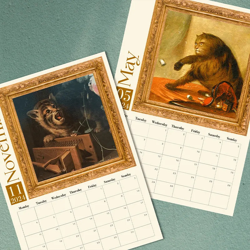 Decorative 2024 wall calendar with unique medieval-style cat illustrations for home or office.