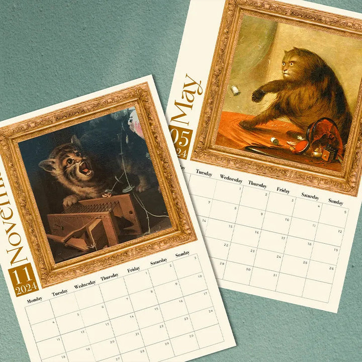 Decorative 2024 wall calendar with unique medieval-style cat illustrations for home or office.