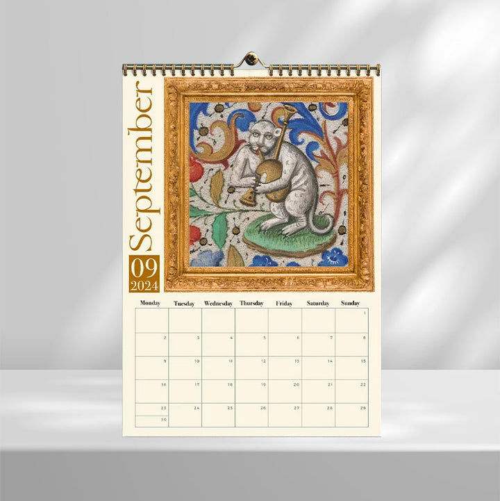 Quirky 2024 calendar showcasing funny medieval cat artwork, a great gift for cat lovers.