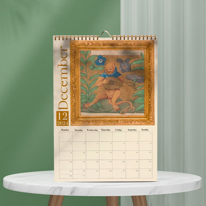 Medieval cat art 2024 wall calendar, vibrant and amusing, perfect for any desk or wall decor.