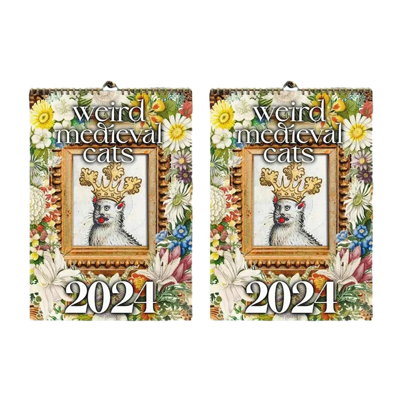 Stylish 2024 wall calendar with playful medieval cat illustrations, a standout desk accessory.