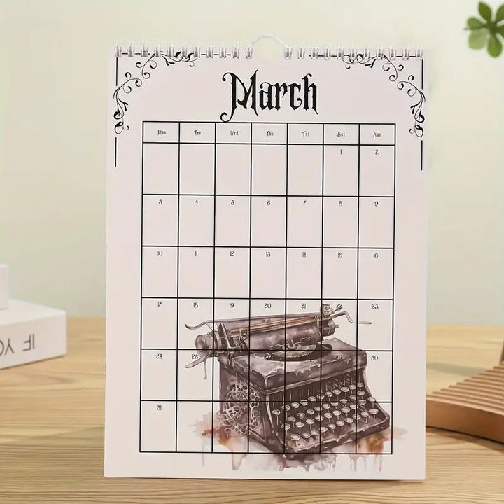 Open 2025 wall calendar, displaying a detailed monthly spread with a gothic castle illustration.