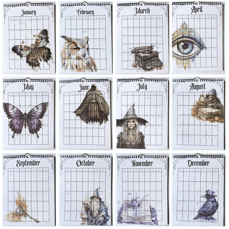 Back cover of the 2025 Gothic Castle Theme Calendar, showing a preview of all monthly artworks.