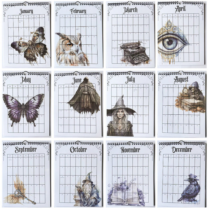 Back cover of the 2025 Gothic Castle Theme Calendar, showing a preview of all monthly artworks.