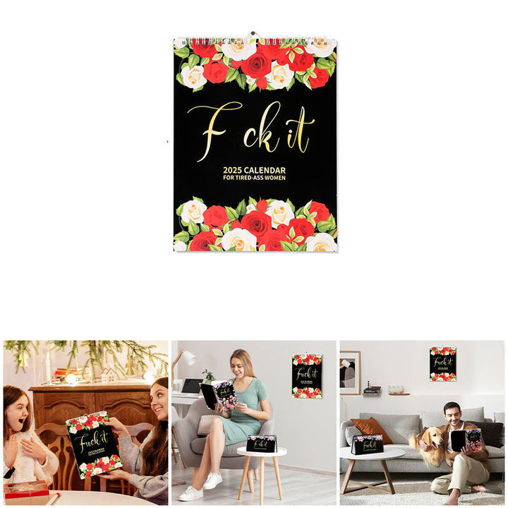 Stylish 2025 Wall & Desk Calendar, open on a desk with a pen, featuring an uplifting quote