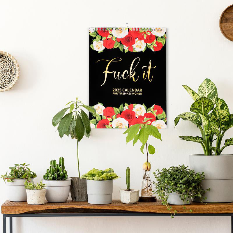 Vibrant 2025 wall planner with inspirational quotes, hanging on a wall, showing full year view