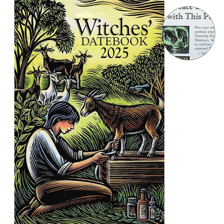 2025 Witches' Datebook cover with lunar phases, magical symbols, and 'Witches' Datebook' title