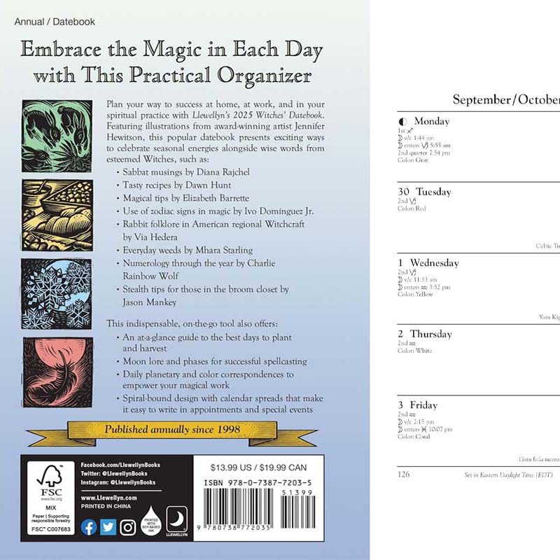Open 2025 Witches' Datebook showing a weekly planner spread with spellcasting prompts