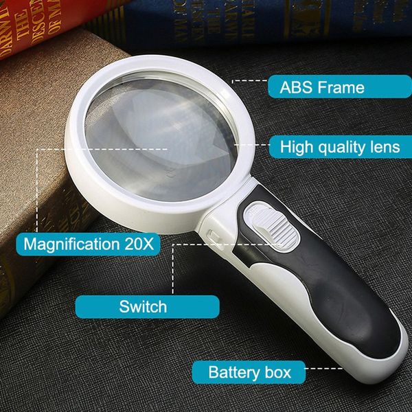 Easy-to-use 20X vision aid magnifier with bright LED for reading small text and crafts.