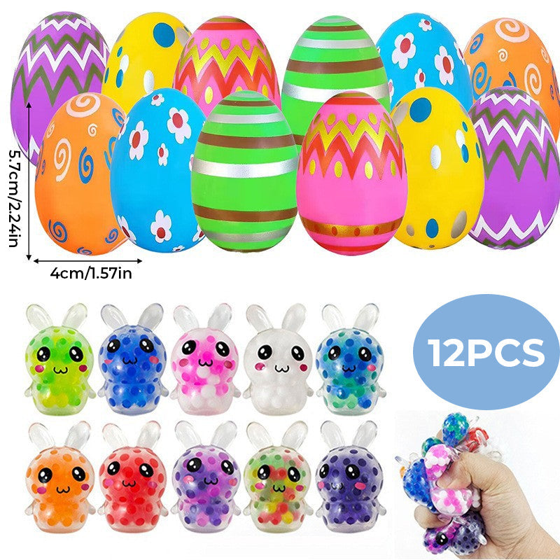 24 prefilled Easter eggs for kids with assorted colorful squeeze toys, perfect for an egg hunt.