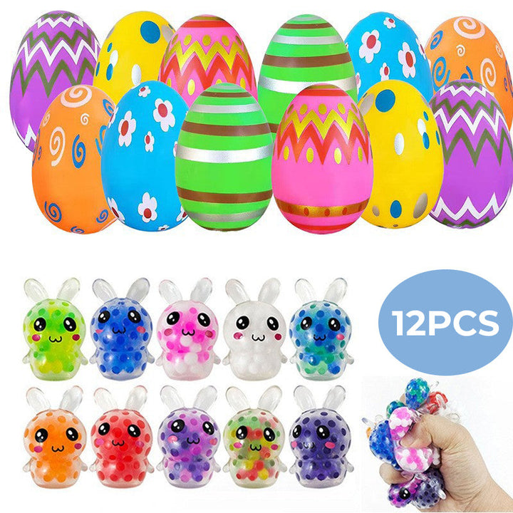 Kids' Easter egg set featuring 24 vibrant eggs, each containing a unique stress relief squeeze toy.