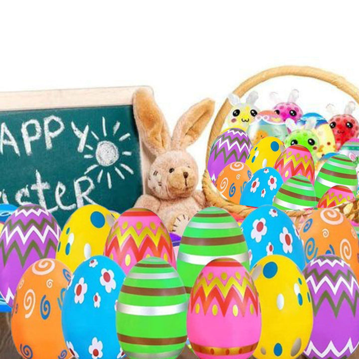 Kids enjoying an Easter egg hunt with colorful prefilled eggs containing squeeze toys, perfect gift.