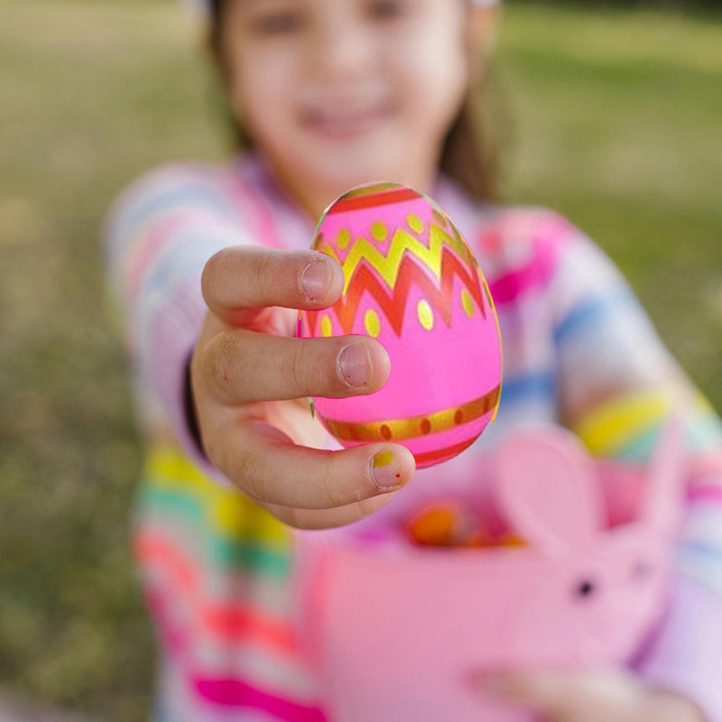 Display of 24 prefilled Easter eggs for kids, highlighting the fun squeeze toys within, holiday party ready.