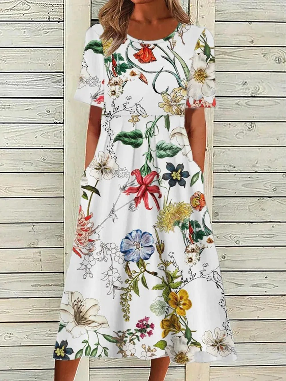 Women's Elegant Botanical Midi Dress - Crew Neck Half Sleeve