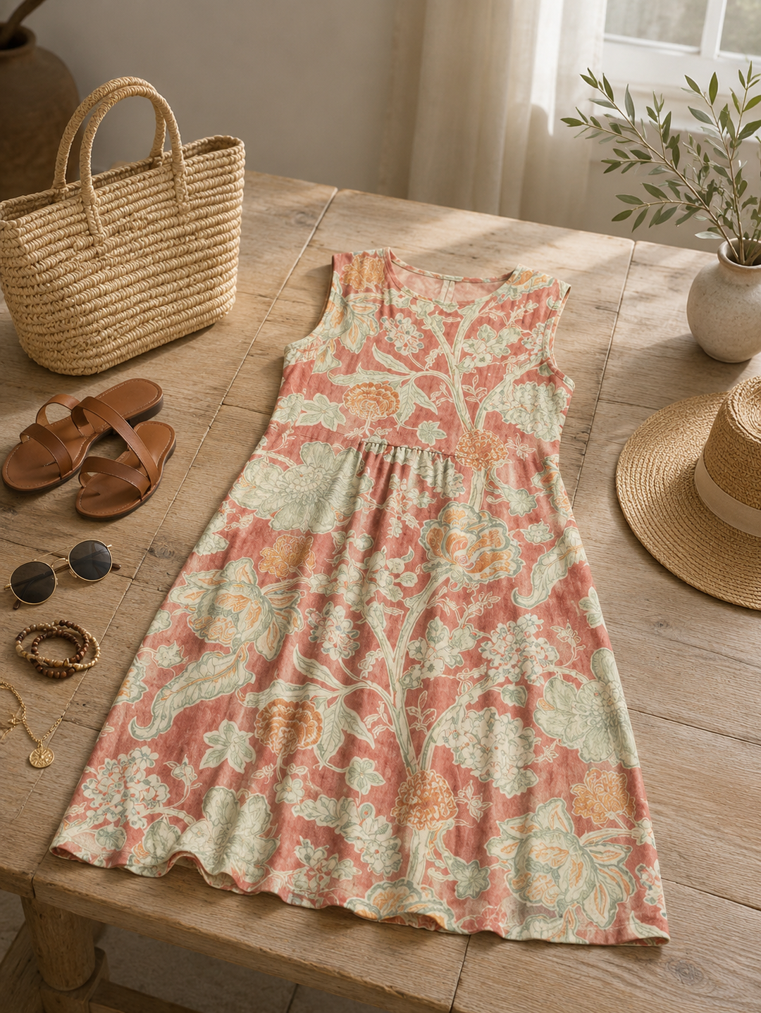 Women's Vintage Floral Midi Dress with Pockets - Boho Chic Style
