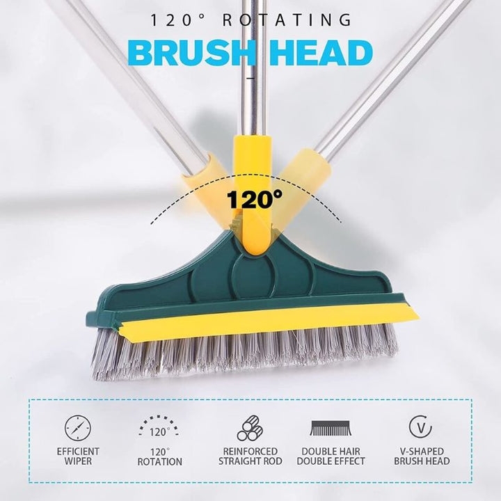 2-in-1 floor scrub brush with V-shaped bristles, rotating head, and rubber scraper for versatile cleaning of corners and surf