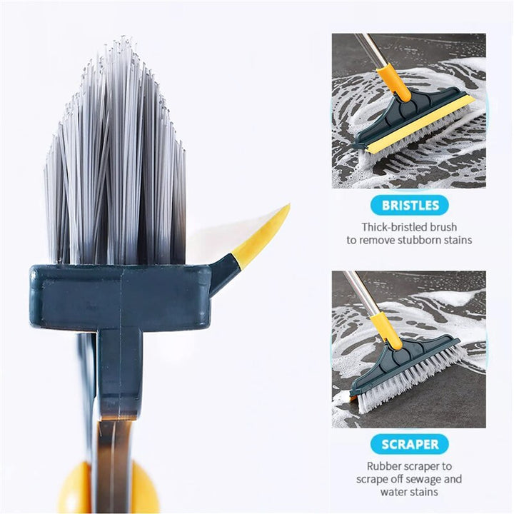 2-in-1 floor scrub brush with V-shaped bristles, rotating head, and rubber scraper for versatile cleaning of corners and surf