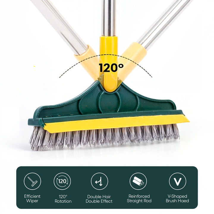 2-in-1 floor scrub brush with V-shaped bristles, rotating head, and rubber scraper for versatile cleaning of corners and surf