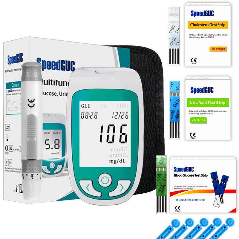 3-in-1 health monitor for glucose, cholesterol, and uric acid levels. Essential home diagnostic kit.
