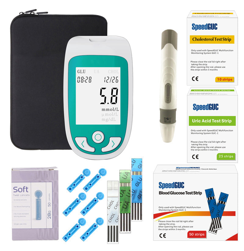 Multi-function wellness device. Unisex monitor for blood sugar, cholesterol, and uric acid self-testing.