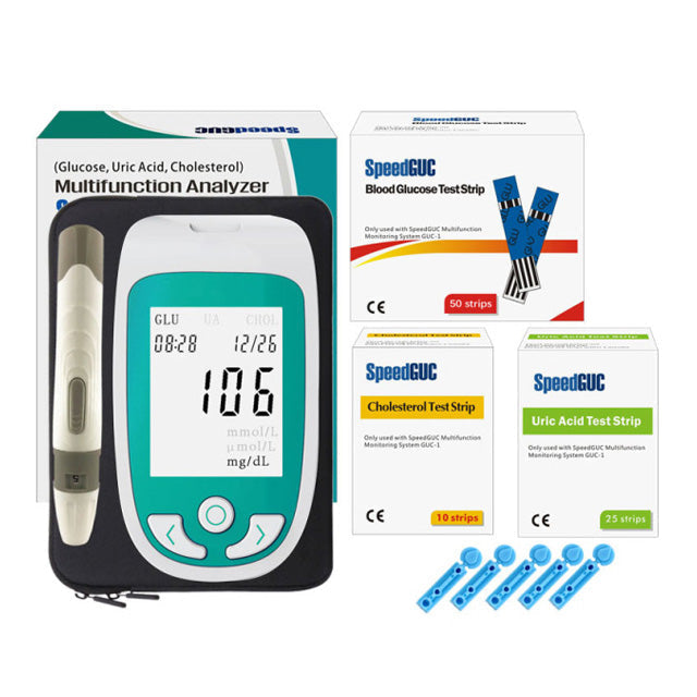 Complete diagnostic kit: Unisex monitor for glucose, cholesterol, and uric acid. Easy self-care & medical testing.