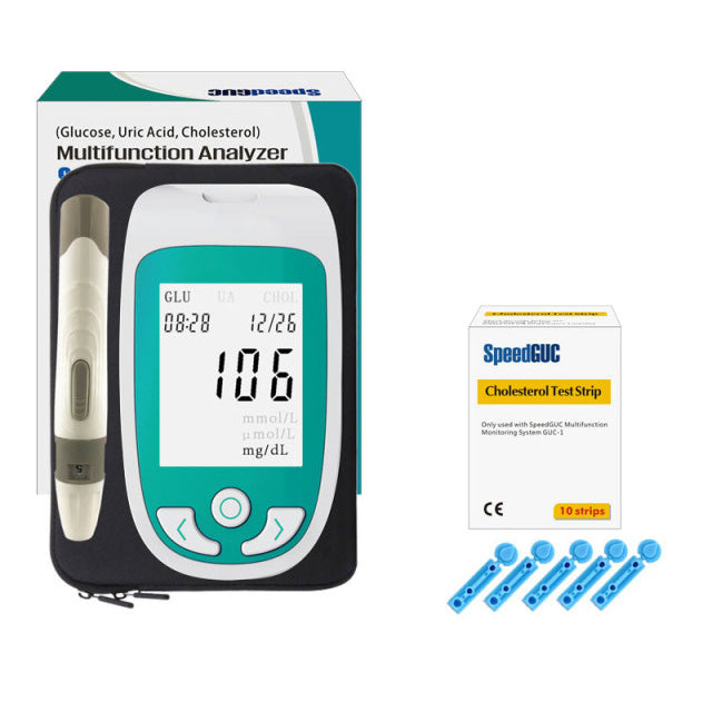 Accurate home health monitor for glucose, cholesterol, and uric acid. Essential wellness device for daily checks.