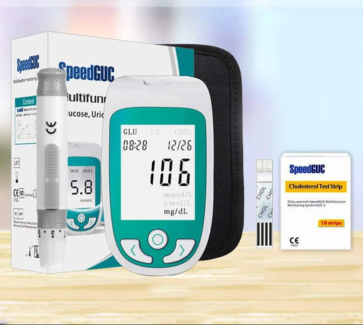 Compact 3-in-1 monitor for blood glucose, cholesterol, & uric acid. Empowering self-care for wellness.