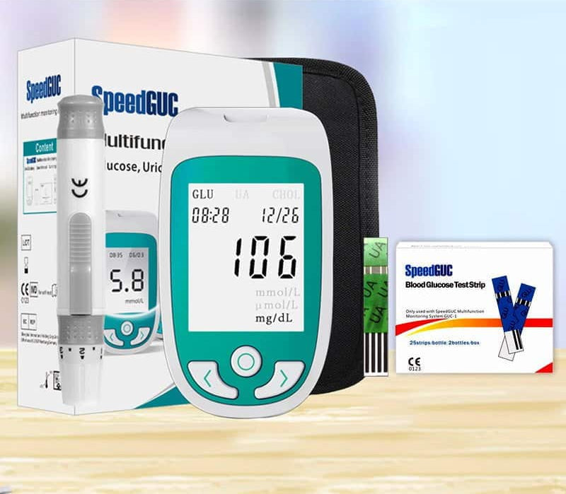 Unisex health monitor for glucose, cholesterol, & uric acid. Portable diagnostic kit for home or travel.