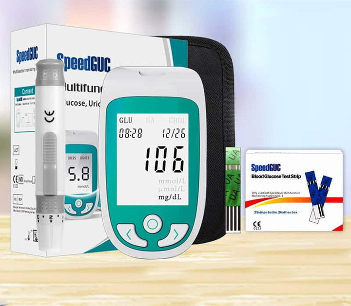 Unisex health monitor for glucose, cholesterol, & uric acid. Portable diagnostic kit for home or travel.