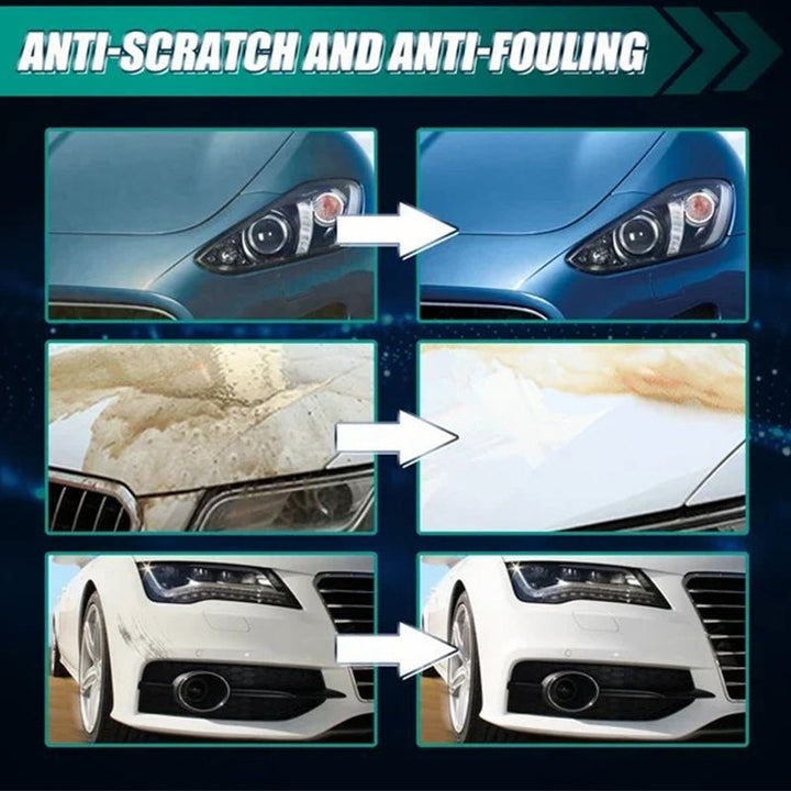 Close-up of water beading on a car surface treated with hydrophobic spray
