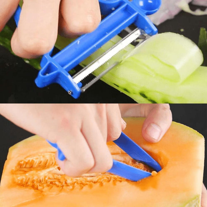 Close-up of a versatile 3-in-1 peeler set, essential cooking tools for quick food preparation