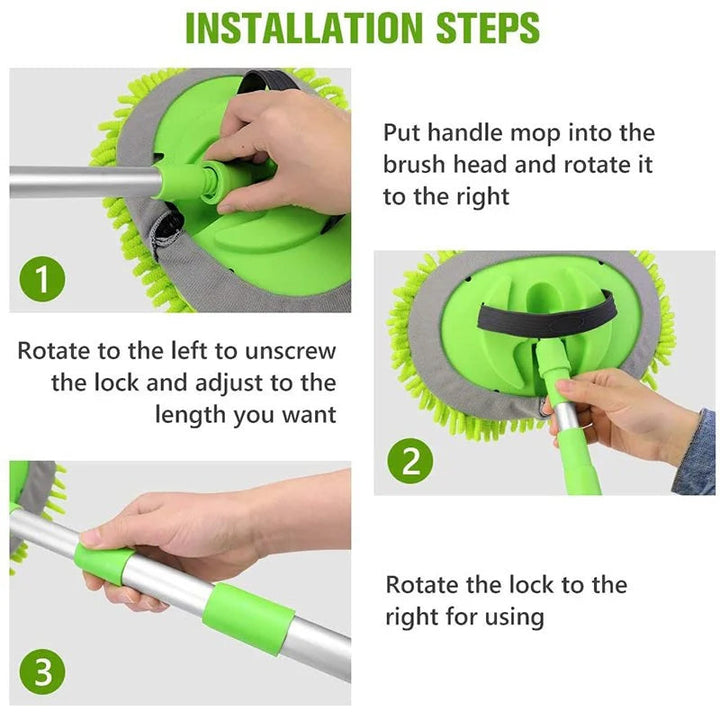 Close-up of the chenille cleaning head on a 360° rotatable telescopic mop, perfect for home cleaning