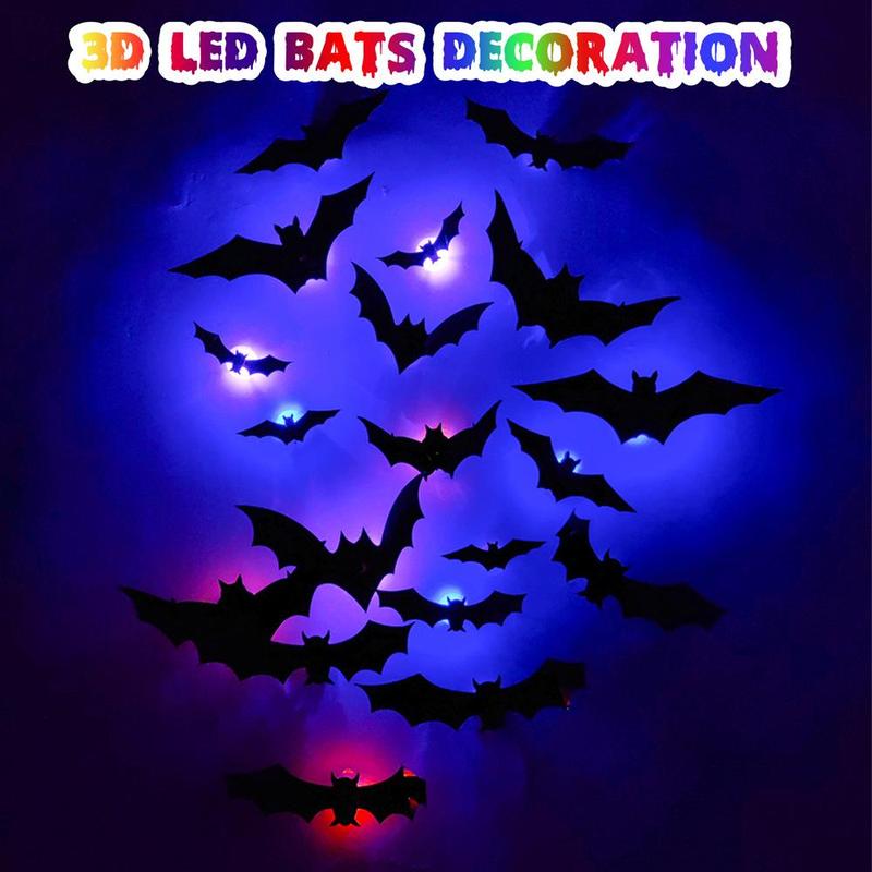 Purple LED bat decor, wall decal style, creating a spooky atmosphere for Halloween