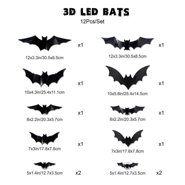 Assorted 3D bat LED decorations showcasing their glowing effect, great for Halloween and gothic themes