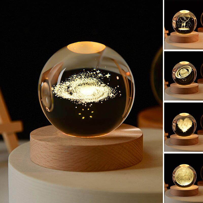 3D Engraved Crystal Ball Night Light with Wood Base, elegant home decor
