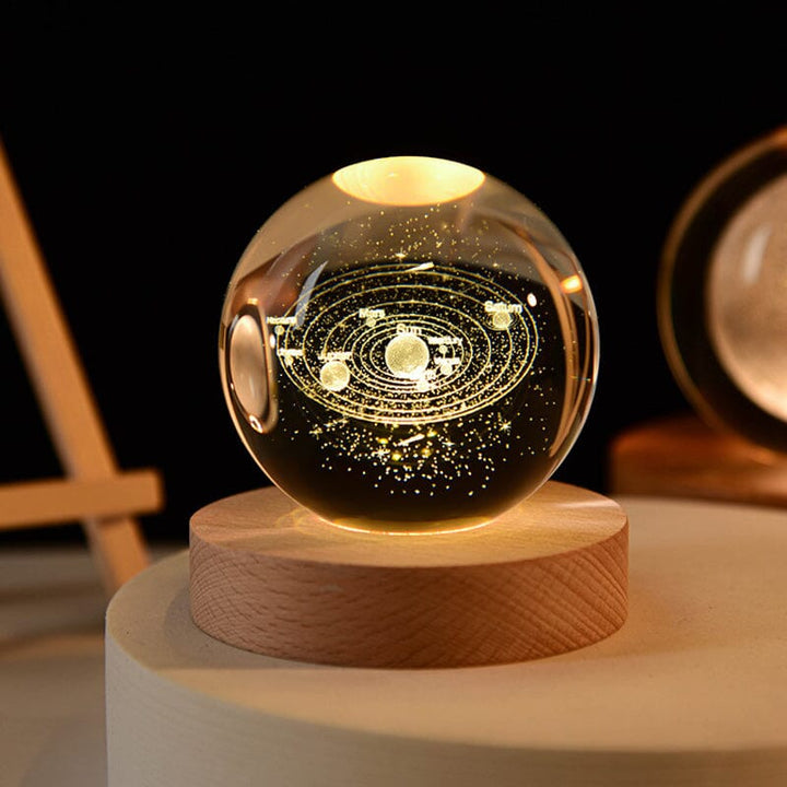 Modern nightlight: 3D engraved crystal sphere on a beautiful wood base