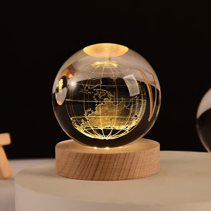 Relaxing mood lighting from a 3D engraved crystal ball and wood base