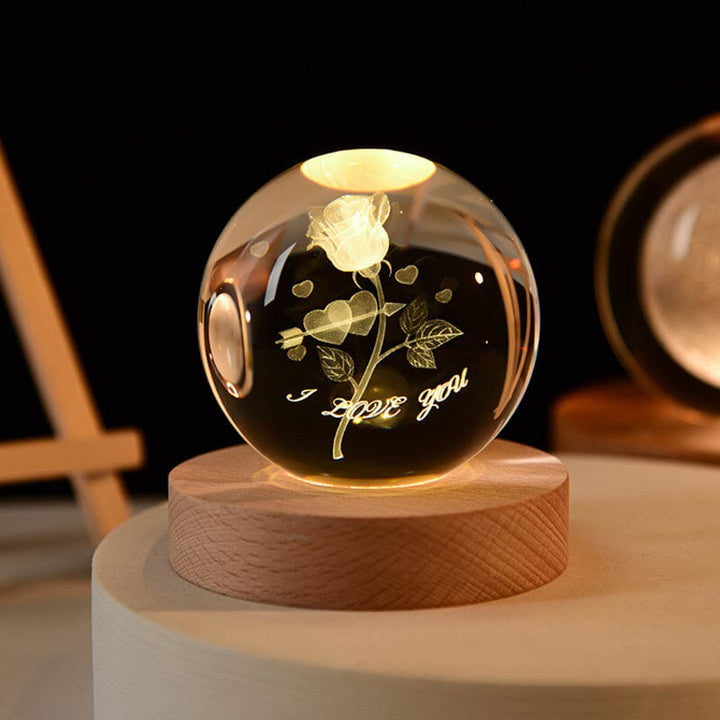 Artistic 3D crystal ball, illuminated, sits on a sturdy wooden base
