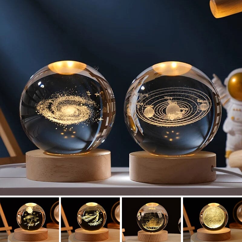 Crystal ball night light, intricate 3D engraving, warm glow on wood base