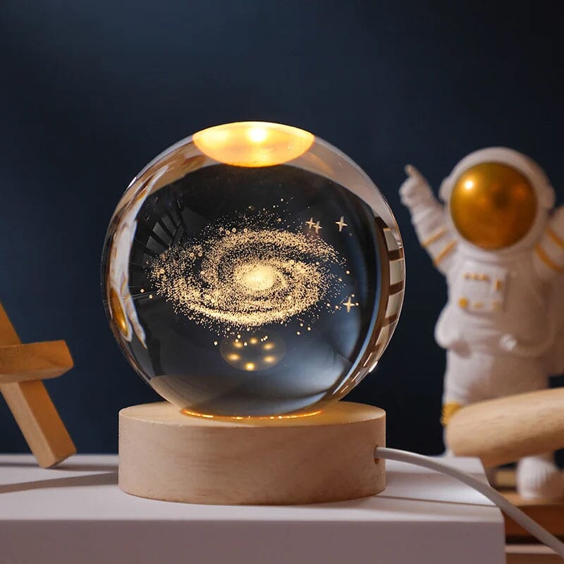 Decorative crystal ball table lamp, 3D laser engraved design, wooden base