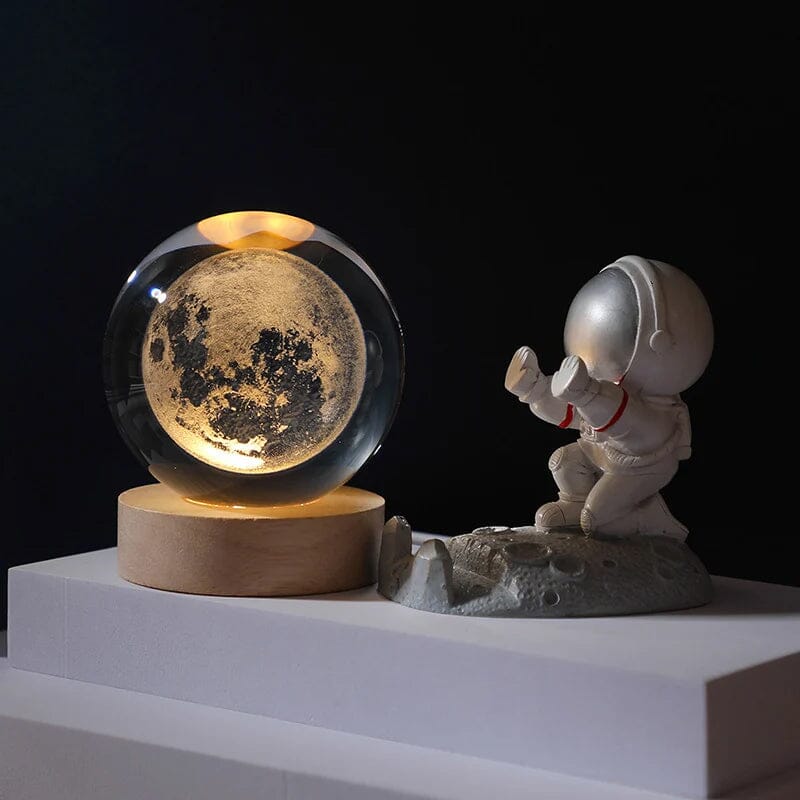 Homewares: artistic 3D crystal ball night light, warm LED, solid wood base
