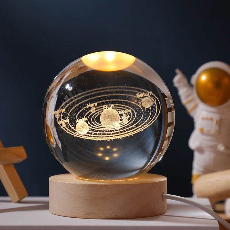 Mood lighting crystal ball, 3D laser etched pattern, on a stylish wood pedestal
