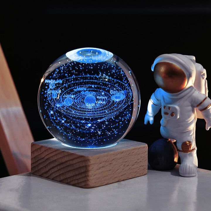 Gift idea: Unisex crystal galaxy sphere night light, 3D engraved with the universe, on a wooden base